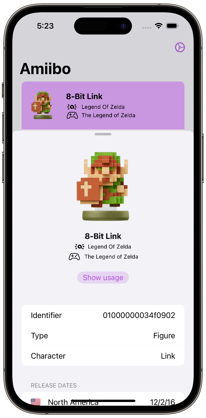 Main screen of the application, displaying a list of Amiibo owned by the user.